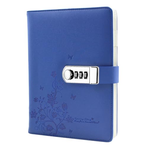 NectaRoy Cuaderno de Cuero PU Planificado Organizador con Cerradura de Combinación, Mariposa y Patrón de Flor Diario Bloc de Notas Contraseña Cuaderno con Soporte para Bolígrafo, A5 Tamaño 209x150mm