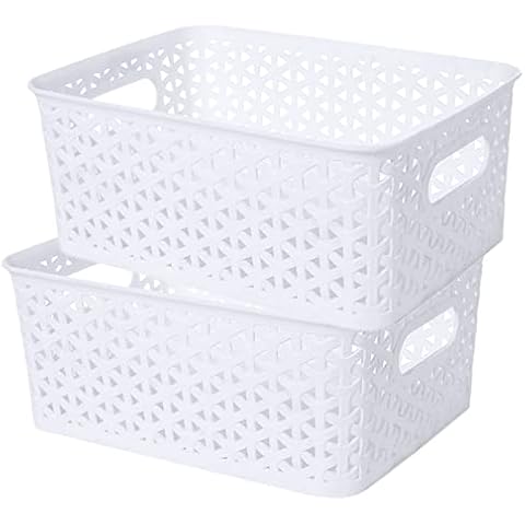 2 Pack Plastic Basket,White Plastic Storage Basket,Pantry Storage Bins,Mini Laundry Basket,Small Plastic Storage Bins for Kitchen,Bathroom Organizing Cover