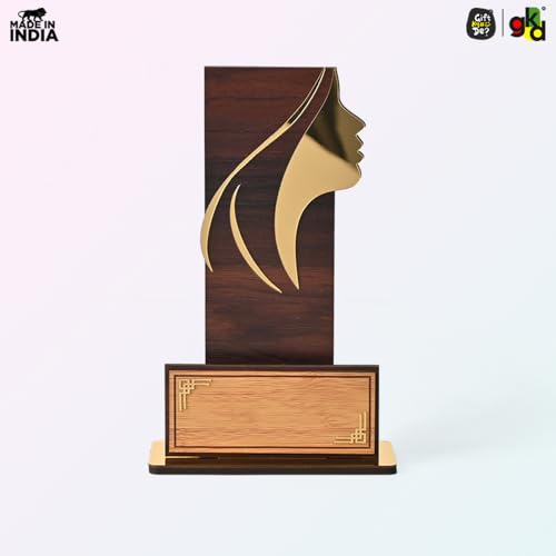 Image of GKD Wooden Women's Achievement Trophy | Female Excellence Award, Corporate Recognition Memento, Employee Appreciation Trophy, Leadership Award | Self-Customizable with Stickers (Brown Wood Finish)