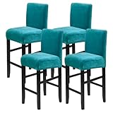 XIAROGEE Crystal Velvet Bar Stool Covers with Backs, Soft Stretch Bar Chair Covers Set of 4 with Elastic Band Washable Counter Height Chair Slipcover for Pub Cafe Kitchen Room (Peacock Blue, 4 PCS)