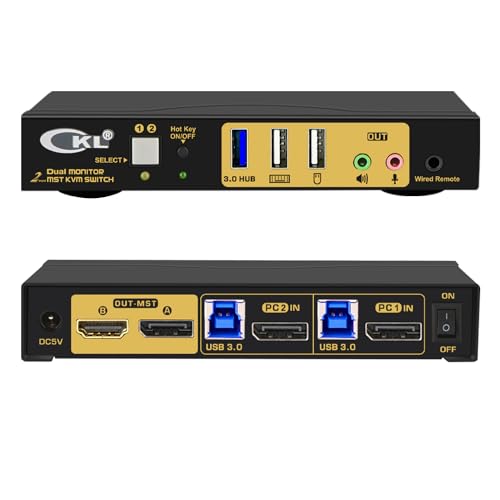 CKL 2 Port KVM Switch Dual Monitor DisplayPort 4K 60Hz for 2 Computers 2 Monitors, 1 DP Input to DP + HDMI Outputs for Each PC via DP 1.4 MST (622DH-MST)