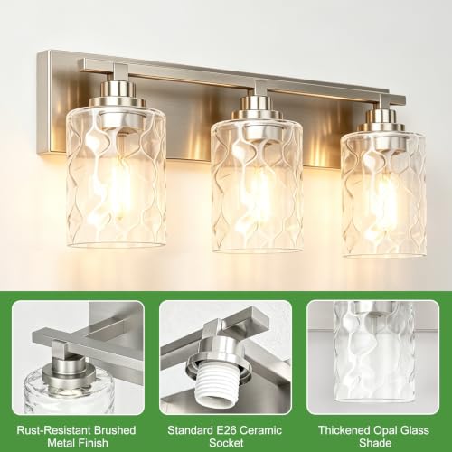 Image of Bathroom Light Fixtures,3-Light Brushed Nickel Vanity Lights Over Mirror | Modern Wall Light,Clear Ripple Glass Shade,Sturdy Metal Frame,For Bathroom Remodel,Easy Install,E26 Socket,ETL-Listed 20-inch