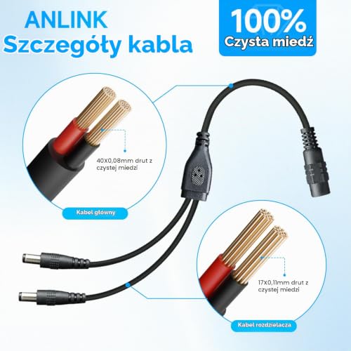 ANLINK Zestaw 4 kabli rozdzielacza prądu stałego 1 do 2-drożnego, 1 x złącze żeńskie na 2 męskie, wtyczka DC 5,5 mm x 2,1 mm, 2-drożny kabel rozdzielacza zasilania z adapterem Y do taśm