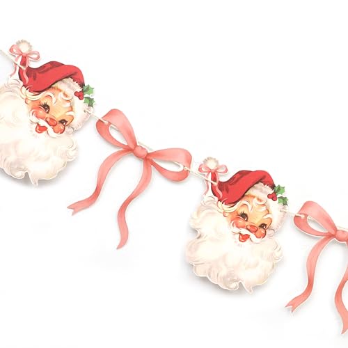 Vintage Christmas Santa Banner Garland, 80 Inch Holiday Party Decoration with Pink Bows, Retro Style Paper Cutout Design, Indoor Home Wall Decor