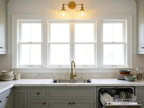 Image of Phansthy 2 Lights Wall Sconce Antique Finished Bathroom Vanity Light with Switch and Dual 7.87 Inches Flat Metal Lampshade (Antique)