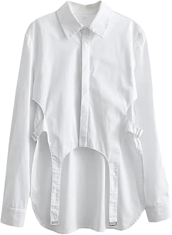 Fnfmrfmr Women White Polo-Neck Shirt Long Sleeve Single Breasted Hollow Out Buckle Casual Blouse