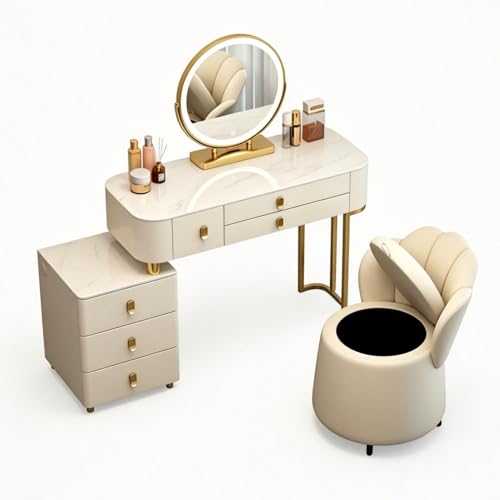 Lsoiup Mesa de Maquillaje con Espejo y Luces, tocador Blanco con 6 cajones de Almacenamiento y gabinete Lateral, 3 Modos de iluminación con Brillo Ajustable for Dormitorio(L:100cm)