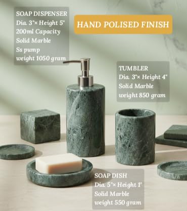 Image of Marble Stone Luxury Bath Accessories - Soap Dispenser, Toothbrush Holder, Soap Dish ( Green ) - Set of 3