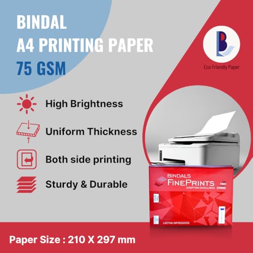Image of BINDALS White Copier Paper | A4 Size | 75 GSM | 5 Reams & 500 Sheets per ream | Bright Plain Printing Paper | Fine Quality & Eco-friendly