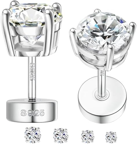 Moissanite Earrings, Hypoallergenic Flat Back Earrings for Women Men, Screw On Studs 925 Sterling Sliver Cartilage Earring for Sensitive Ears 4mm Short Post