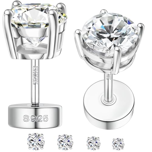 Moissanite Earrings, Hypoallergenic Flat Back Earrings for Women and Men, Screw Back Studs 925 Sterling Sliver Cartilage Earring for Mom Sensitive Ears 4mm Post