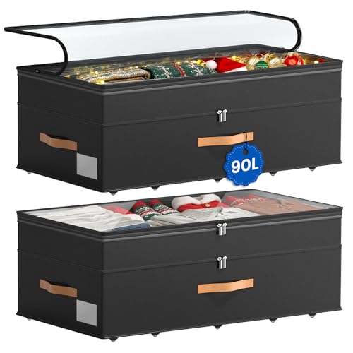 Under Bed Storage with Wheels, 2-Pack Underbed Storage Containers, No Assemble 11 inches 90L XXL Large Adjustable Storage Bins with Clear Lids, Rolling Storage for Clothes, Shoes, Blankets, Black
