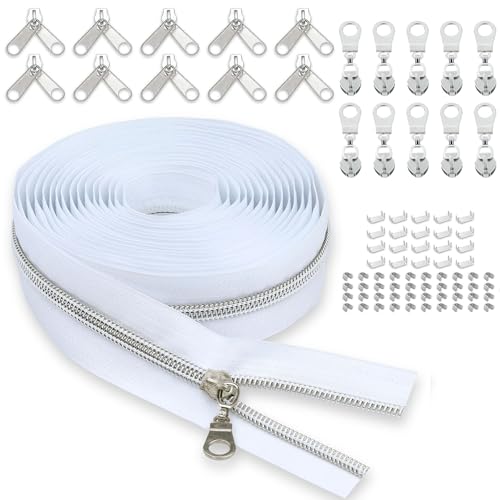 Image of White Nylon Coil Zipper Tape: YZSFIRM #5 10 Yards Silver Metallic Teeth Zippers Continuous for Sewing