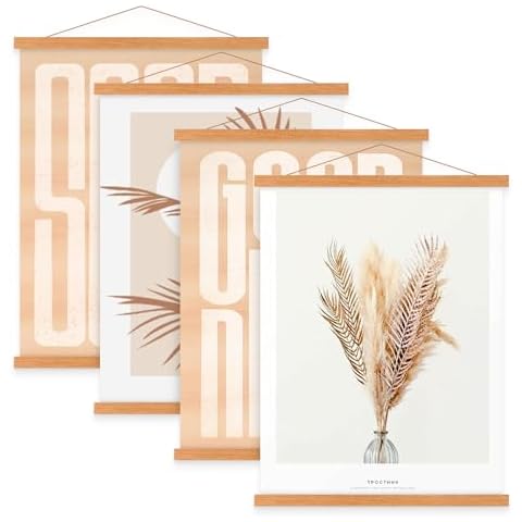 Benjia 4 Pack A3 Poster Frame Frames, Magnetic Light Wood Wooden Poster Hangers Hanger Hanging Kit for Canvas Artwork Art Print (30cm / 11.8", Teak, 4 Packs) Cover