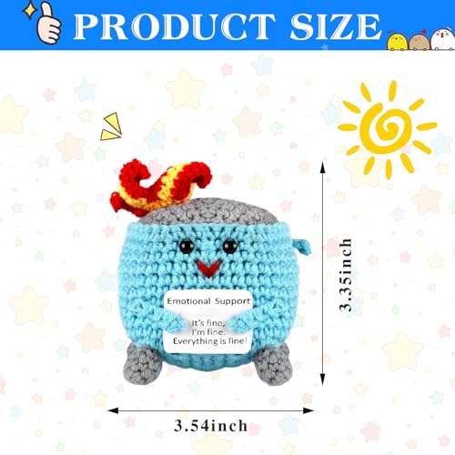 Tmtains Emotional Support Dumpster Fire with Positive Card Crochet Knitting Dumpster Fire Desk Ornaments Cute Handmade Wool Inspirational for Women Girls Table Room Decors (Blue)