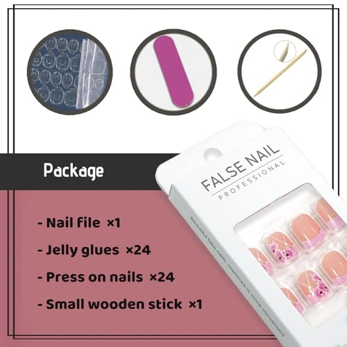 YOSOMMK Cute Pink Square Press on Nails Short Fake Nails with Flower Designs French Tip Glue on Acrylic Nail Glossy Full Cover False Nail for Women and Girls - Image 5