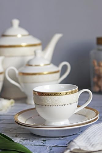 Image of Vigneto Creme Gold Cup and Saucer Set (Classic Gold) for Tea /Coffee /Hot Drinks | Set of 6 Cup and Saucers, 190 ML | Finest Premium Porcelain | Scratch Resistant | Chip Resistant