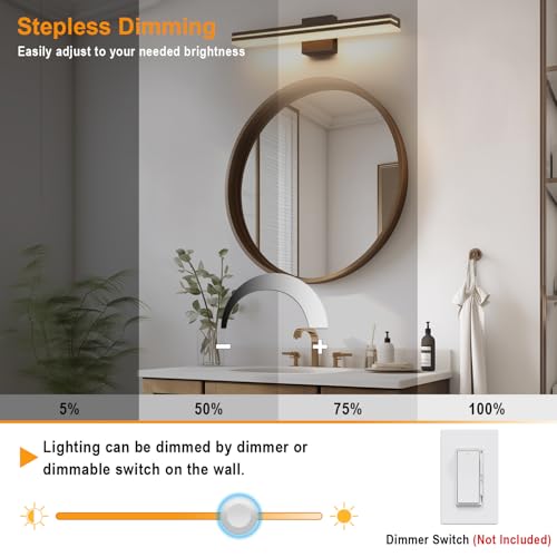 Image of SineRise LED Modern Bathroom Vanity Light Fixtures (24-Inch, 3000K /4000K /6000K, Dimmable), Brown Wood Painted Modern Acrylic Bathroom Wall Lighting Fixtures Over Mirror