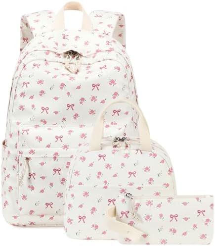 Bluboon School Backpack Set Girls Womens Laptop Bookbag Casual Daypack Fits 15 inch Laptop with Lunch Tote Bag and Pencil Bag, Beige Bow Tie, Large, School
