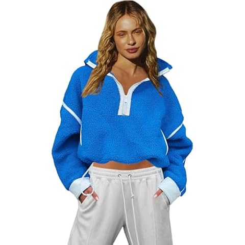 LAMISSCHE Half Zip Sweatshirt Women Oversized Sherpa Jacket V Neck Fleece Pullover Hoodie with Pockets(Royal Blue,M) Cover