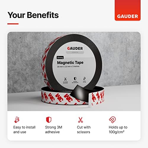 GAUDER Magnetic Tape Self Adhesive (30 mm x 1 m) | Magnet Strips with Adhesive Backing | Sticky Back Magnet Roll