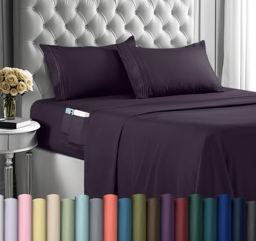 Utopia Bedding King Sheet Set – Soft Microfiber 4 Piece Hotel Luxury Bed Sheets with Deep Pockets - Embroidered Pillow Cases - Side Storage Pocket Fitted Sheet - Flat Sheet (Purple)