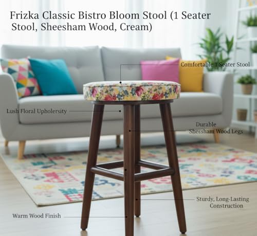 Image of Classic Bistro Bloom Stool (1 Seater Stool, Sheesham Wood, Cream)