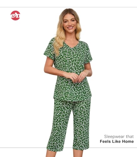 Image of ENJOYNIGHT Womens Pajama Sets Cotton Pj Set Short Sleeve Top With Capri Pants Sleepwear 2 Piece Lounge Set