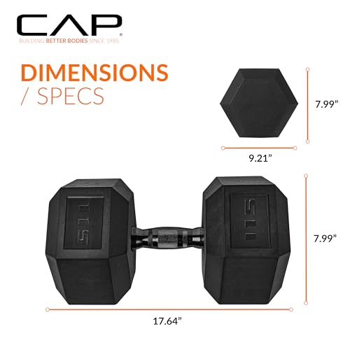 Image of CAP Rubber Coated Dumbbell Weights, Free Weights for Home Gym Strength Training, Anti-Roll Hex Dumbbells with Black, Chrome & Comfort Grip Handles, Singles