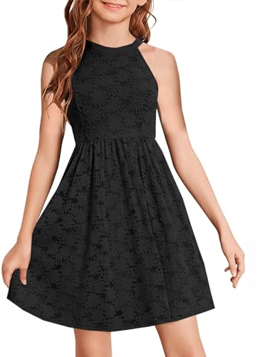 HOSIKA Girls Halter Neck Sleeveless Elegant Floral Lace A-line Flared Swing Party Dress for 6-12 Years Kid