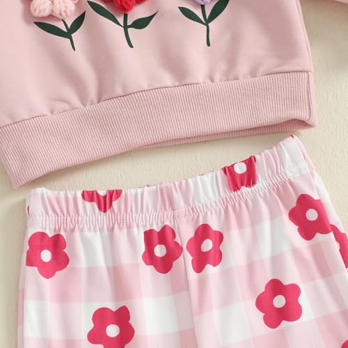 fhutpw Infant Baby Girl Fall Clothes Toddler Winter Outfits Ruffle Sleeve Sweatshirts Plaid Bell Bottom Pants Headband Set (Flower Light Pink, 2-3T)