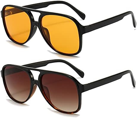 Long Keeper Retro Polarised Sunglasses for Women Men Oversize Vintage 70s Pilot Sunglasses, Large Square Frame Double Bridge Retro Glasses Anti UV
