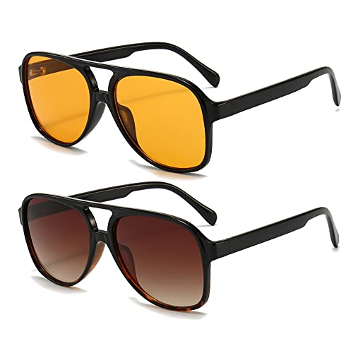 Long Keeper Vintage Polarized Square Sunglasses - Women Men 70s Large Frame Tinted Lenses Glasses, Yellow+leopard Brown, Large