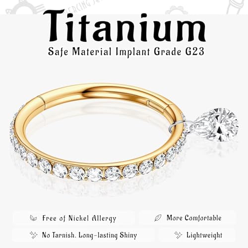 WBRWP G23 Titanium Dangle Nose Hoop Clicker: 18G 6mm Diamond Septum Rings Gold Hypoallergenic Conch Piercing Jewelry Hinged Segment Clicker Lip Rings Helix Rook Daith Tragus Earrings by WBRWP - Image 2