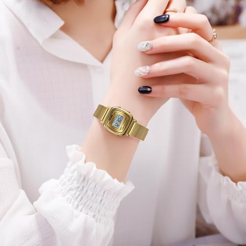 MASTOP Women's Petite Electronic Quartz Watches Stainless Steel Mesh Band Digital Watch Square Waterproof LED (Gold) by MASTOP - Used condition - Image 3