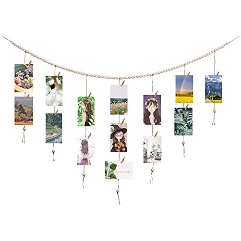QXUJI Wall Hanging Photo Display with Wood Beads Garland, Collage Picture Frame for Wall Decoration, Picture Holders with 30 Wood Clips, for Rustic Country Decor, Home, Office, Nursery Room Cover