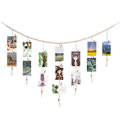 QXUJI Wandbehang Foto Display mit Holzperlen Girlande, Collage Bilderrahmen für Wanddekoration, Bilderhalter mit 30 Holzklammern, für rustikale Landdekoration, Haus, Büro, Kinderzimmer Cover