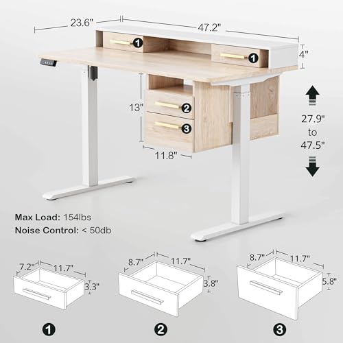 ModernMate Standing Desk with 4 Drawers, 47.2 x 23.6 Inch Whole Piece Height Adjustable Electric Sit Stand Desk, Computer Home Office Workstation with Open Storage Shelf, Light Walnut