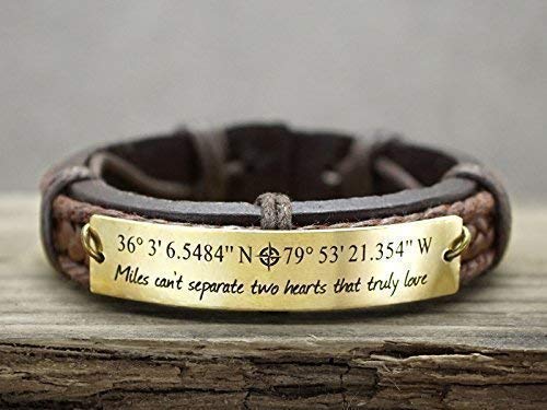 Long Distance Relationships Gifts For Him, Coordinate Bracelet Gold, Latitude Longitude, Inspirational Quote, Mens Brass Leather Cuff #TOP1
