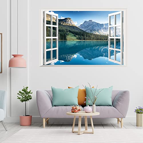 Nature Mountain Forest Lake Wall Stickers , 3D Lake View Fake Window Mural, Wall Decals for Living Room, Bedroom, Dining Room Home Window Landscape Wall Decor, Peel and Stick Removable ,23.6”×35.4” - Thumbnail 2
