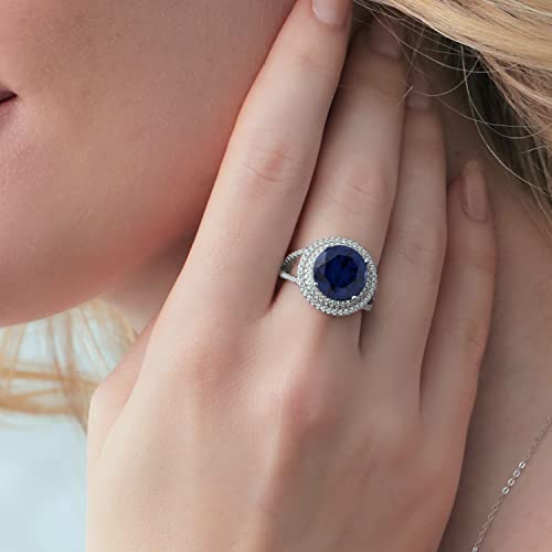 Gem Stone King 7.56 Cttw Blue Simulated Sapphire Ring In 925 Sterling Silver | Round 12MM | Wedding Engagement Anniversary Promise Ring For Women | Available in size 5, 6, 7, 8, 94
