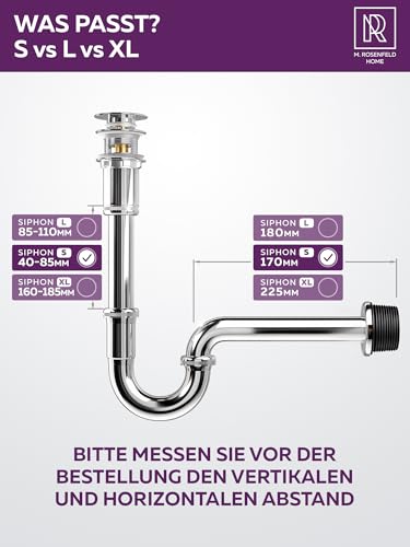 M. ROSENFELD HOME Siphon Waschbecken 1 1/4 – Verchromter Edelstahl Röhrensiphon – Geruchsverschluss – Abflussrohr mit Wandanschluss – Komplettset mit Dichtungen & Rosette 65 mm