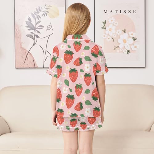 ALAZA Green Leaves Strawberry Flower Pajamas Satin Pajama Set Short Sleeve Button Down Sleepwear4