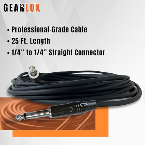 Gearlux Instrument Cable/Guitar Cable, 1/4 Inch, Straight to Straight, Black, 25 Feet - 2 Pack