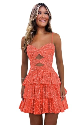 Amidin Coral A-line Homecoming Dress with Sparkly Sequin Spaghetti Straps Rhinestone Cocktail Dresses for Women Size 4