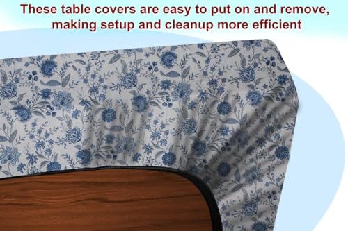 Image of The Furnishing Tree Elastic Cotton Rectangular Center Table Cover 24x60 in Inches Floral Blue on White Base