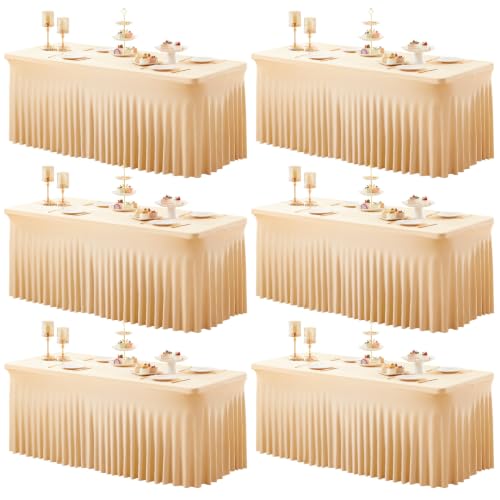 6 Packs Dark Champagne Spandex Tableclothes for 8 Foot Rectangle Tables, Wrinkle Free 8ft Fitted Table Cover Stretch Table Cloth Desk Skirt for Weddings Baby Shower Birthday Party Banquet Decorations