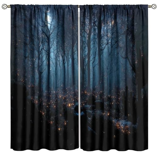 SHElifestyle Gothic Forest Curtains, Darkness Spooky Window Treatments, Creepy Horror Dark Wood Halloween Fireflies Window Drapes for Bedroom Living Room W42 X L45