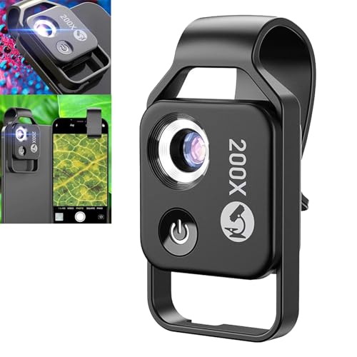 Nanozoom 200x Magnification High-Tech Clip-On Lens, Phone Microscope with CPL Lens/LED Light, Turns Any Smartphone into a Pro-Microscope (Black)