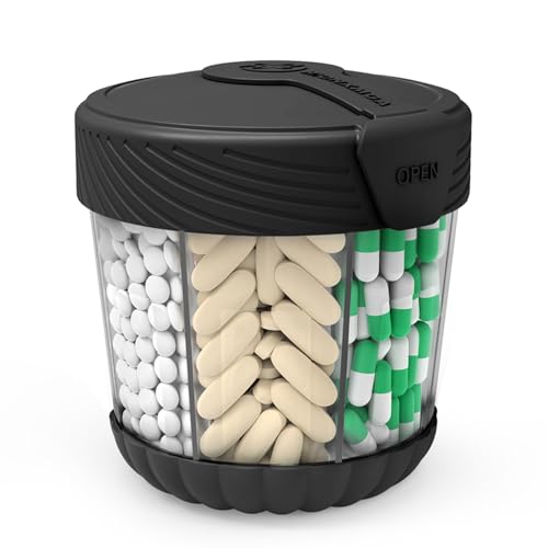 HIONXMGA Large Pill Dispenser, Portable Pill Bottle Organizer for 7 Vitamins, Anti-Mix Supplement Organizer with Easy Twist Wide Opening, BPA-Free Pill Container, 20 Pcs Labels Included, Black